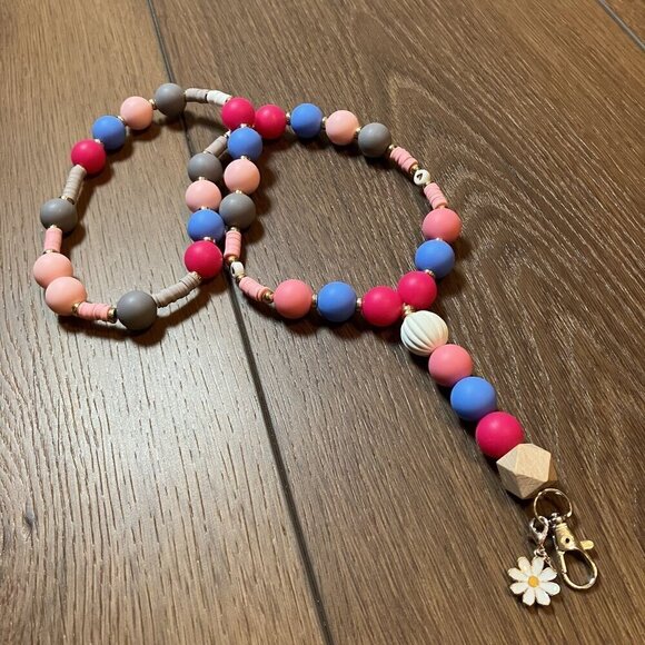 Stocking Stuffer! Handmade Pink/Gray/White/Blue Flower Lanyard - Picture 7 of 8